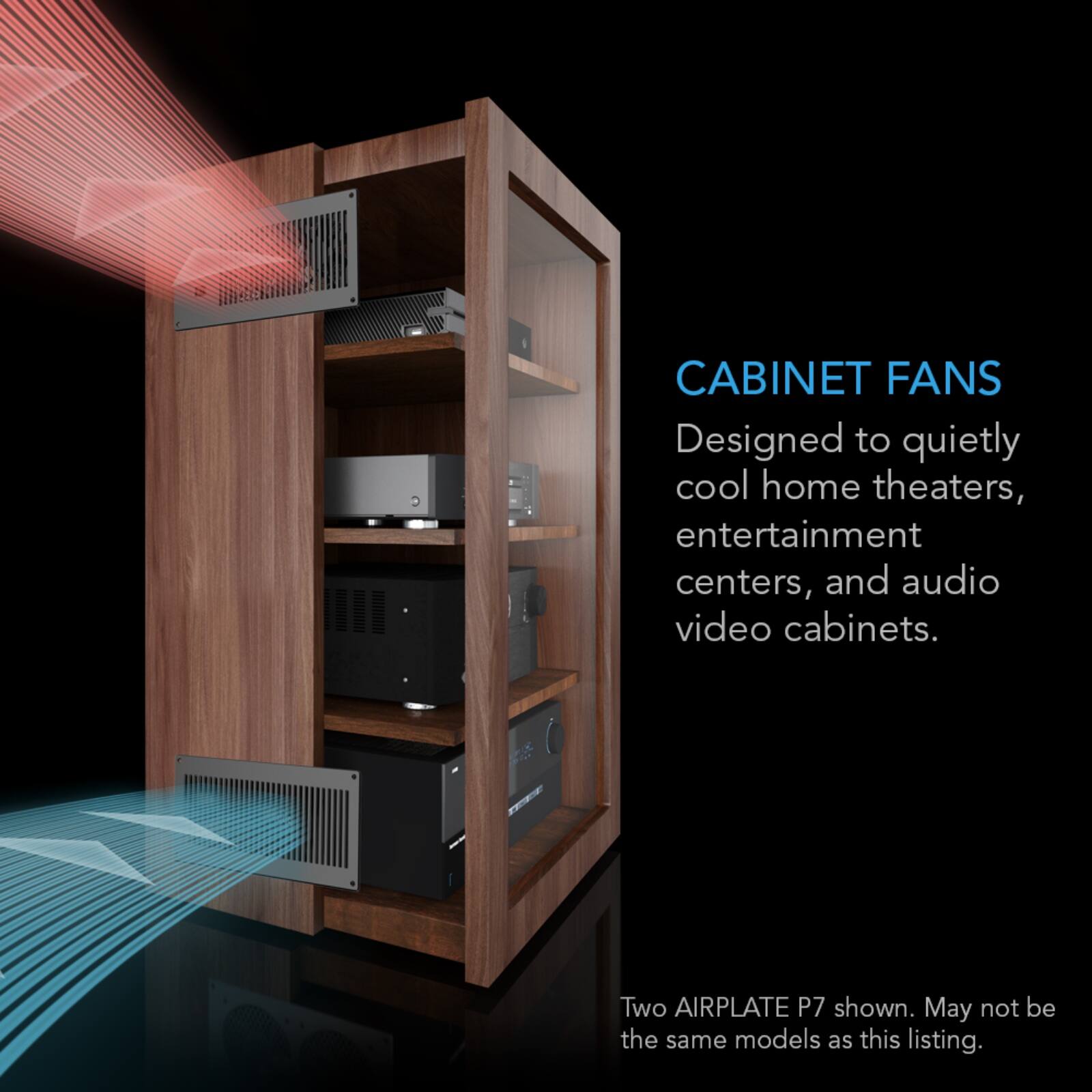 CABINET FANS  
Designed to quietly cool home theaters, entertainment centers, and audio video cabinets.  
Two AIRPLATE P7 shown. May not be the same models as this listing.