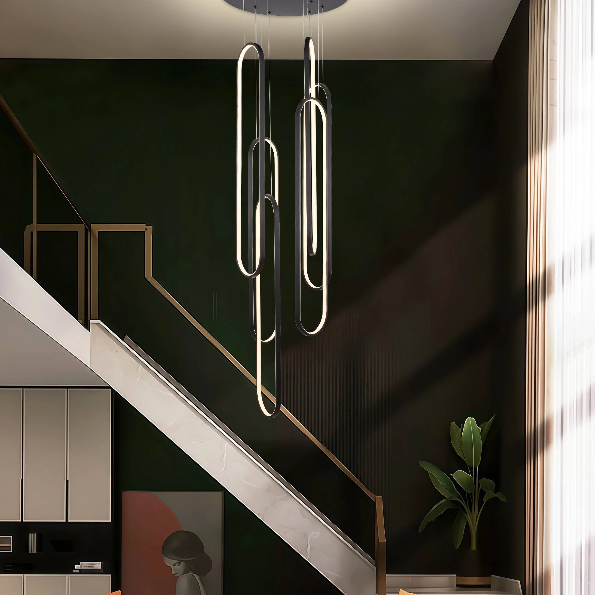 Left. RYHNUYNE - 6-Ring Modern LED Dimmable Pendant Light Fixture,Black Large High Ceiling Chandelier,Contemporary Light for Staircase - Black.