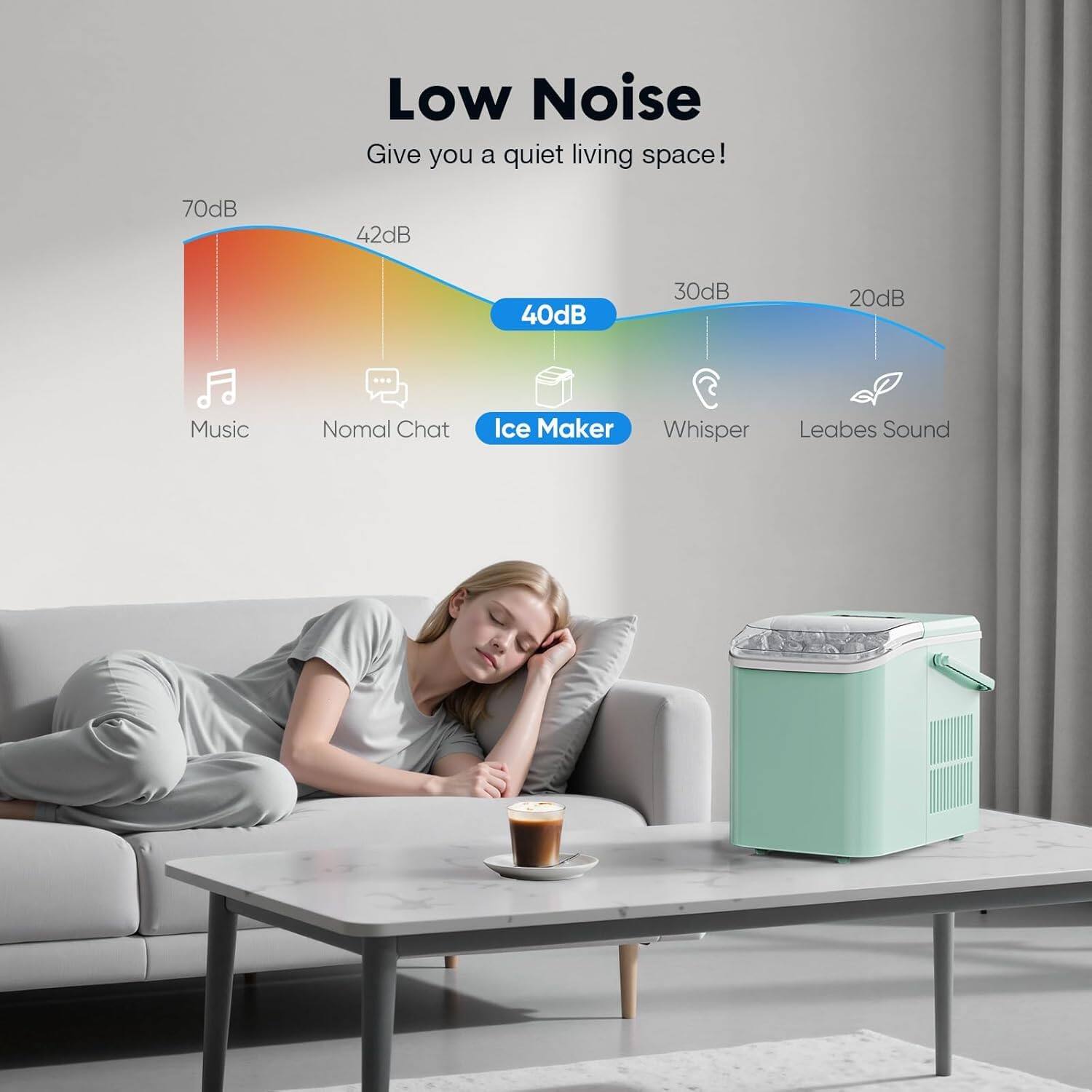 Low Noise  
Give you a quiet living space!  

70dB - Music  
42dB - Normal Chat  
40dB - Ice Maker  
30dB - Whisper  
20dB - Leaves Sound