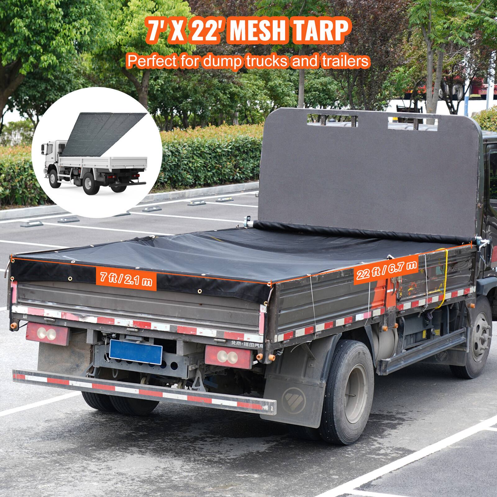 7' X 22' MESH TARP  
Perfect for dump trucks and trailers  

7 ft / 2.1 m  
22 ft / 6.7 m