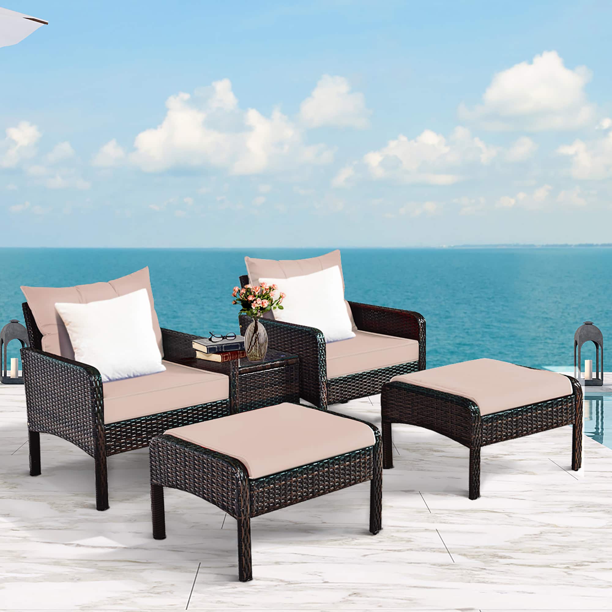 Front. Costway - Costway 5 PCS Patio Rattan Wicker Furniture Set Sofa Ottoman Coffee Table Cushioned Yard - as pic.