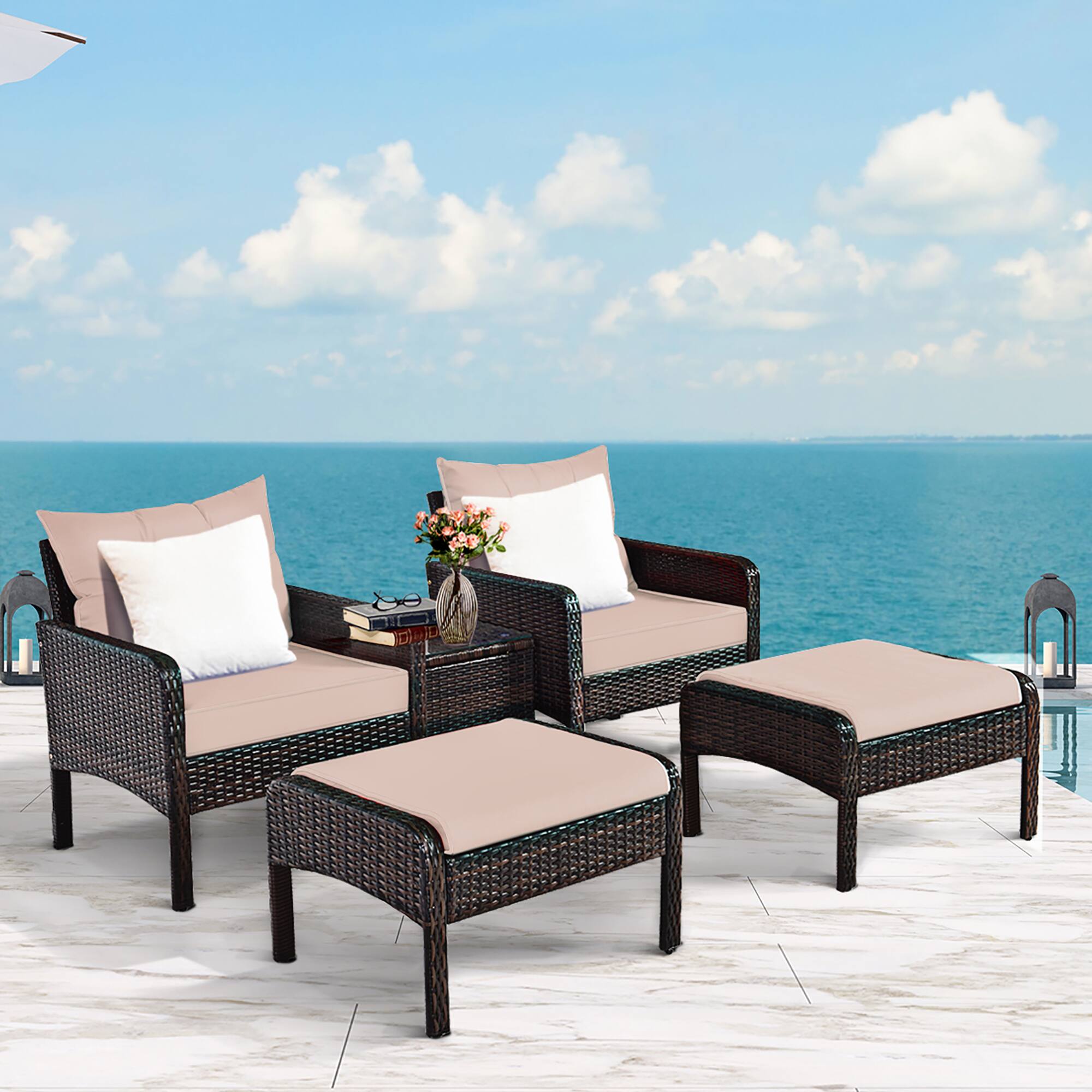 Alt View 1. Costway - Costway 5 PCS Patio Rattan Wicker Furniture Set Sofa Ottoman Coffee Table Cushioned Yard - White.