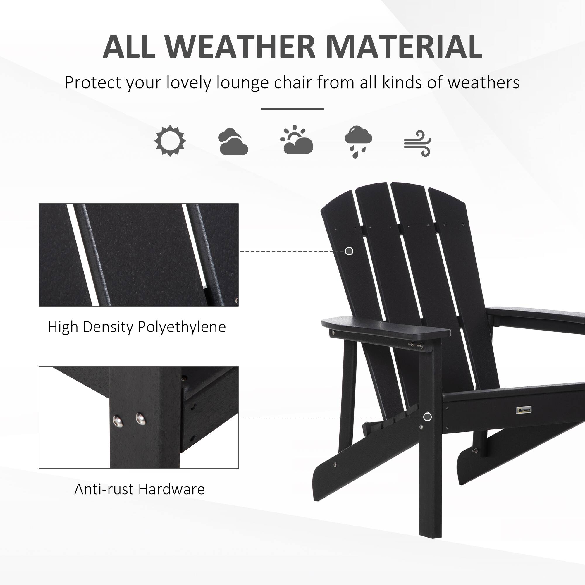 ALL WEATHER MATERIAL  
Protect your lovely lounge chair from all kinds of weathers  

High Density Polyethylene  
Anti-rust Hardware