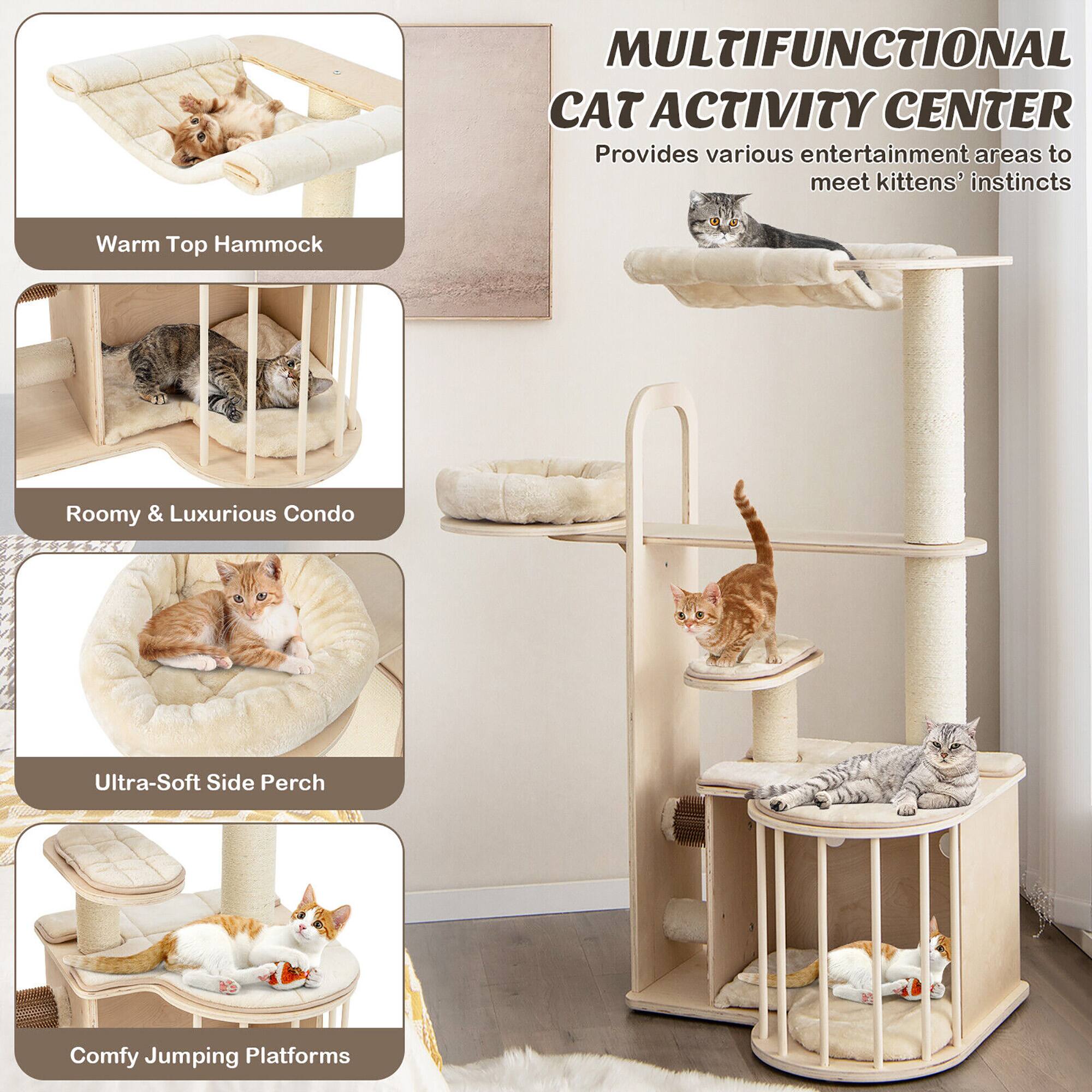 MULTIFUNCTIONAL CAT ACTIVITY CENTER  
Provides various entertainment areas to meet kittens' instincts  

- Warm Top Hammock  
- Roomy & Luxurious Condo  
- Ultra-Soft Side Perch  
- Comfy Jumping Platforms