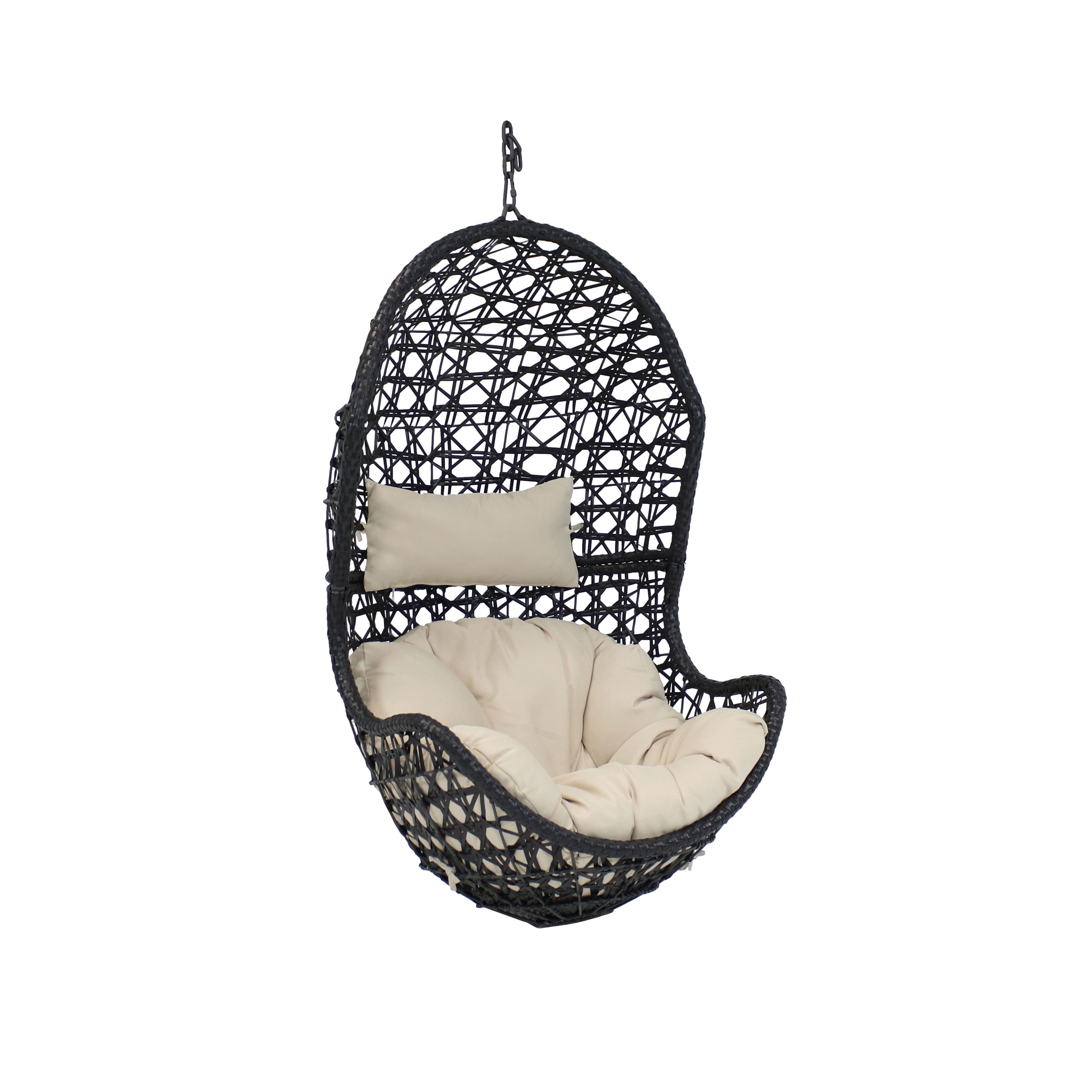 Sunnydaze - Black Resin Wicker Basket Hanging Egg Chair with Cushions - Beige Cushions