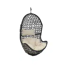 Sunnydaze - Black Resin Wicker Basket Hanging Egg Chair with Cushions - Beige Cushions
