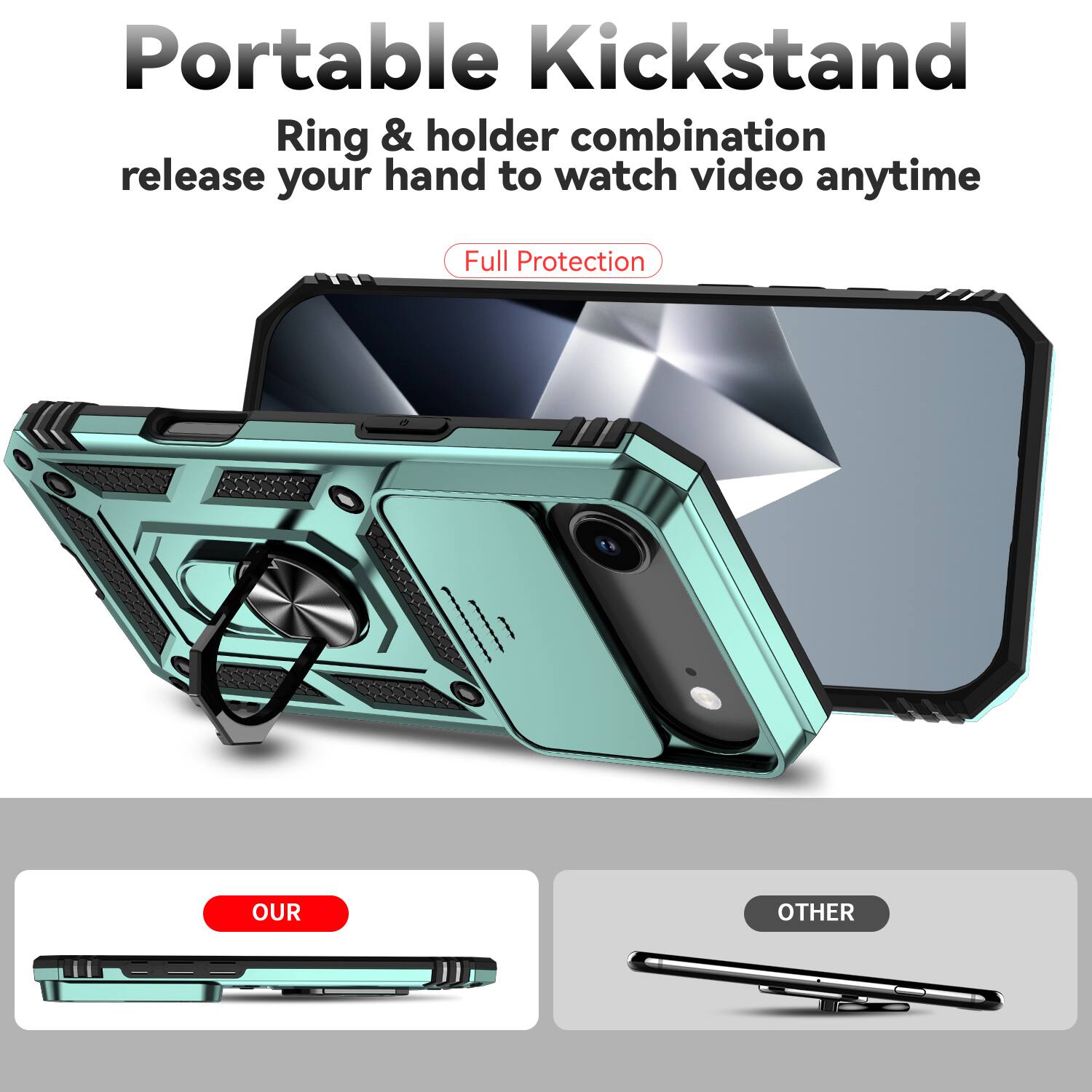 Portable Kickstand  
Ring & holder combination release your hand to watch video anytime  
Full Protection  

OUR  
OTHER