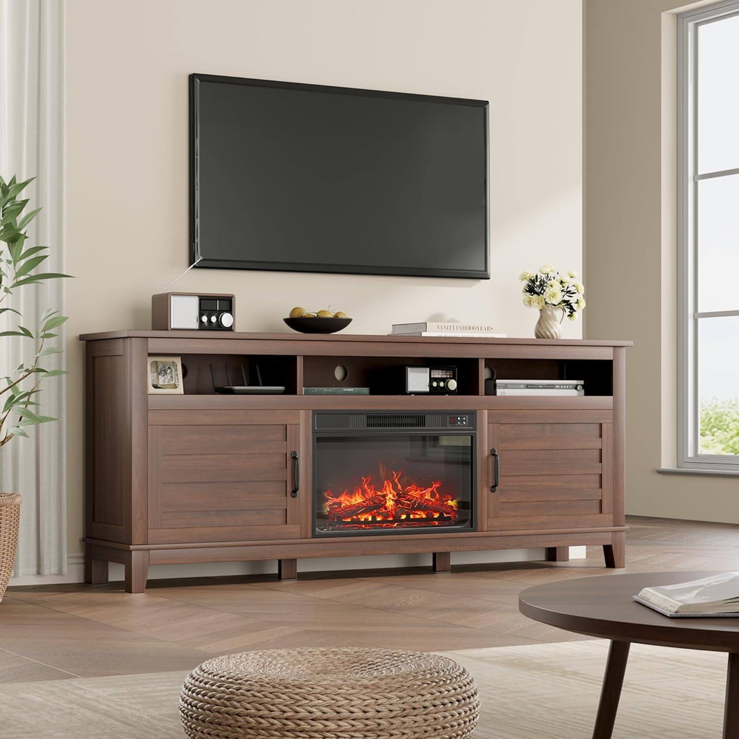 Back. Jojoka - 71" Farmhouse TV Stand with 23" Electric Fireplace, Adjustable Storage, Media Console for Living Room & Bedroom - Brown.
