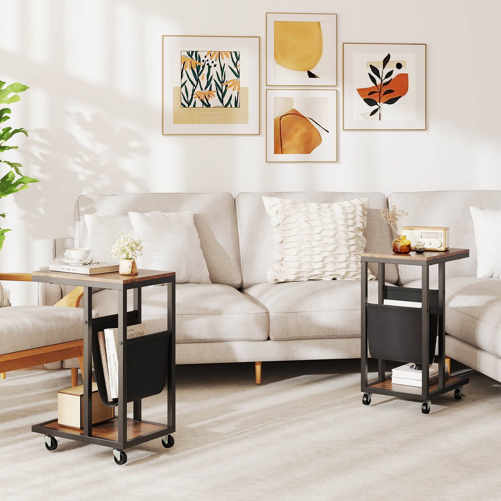 Alt View 1. Costway - Costway 2 PCS C-shaped Side Table 2-tier Sofa Couch Table with Canvas Storage Pouch Brown - Rustic Brown,Black.