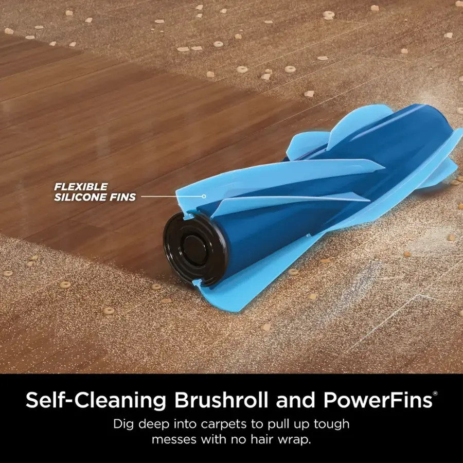 FLEXIBLE SILICONE FINS Self-Cleaning Brushroll and PowerFins Dig deep into carpets to pull up tough messes with no hair wrap.