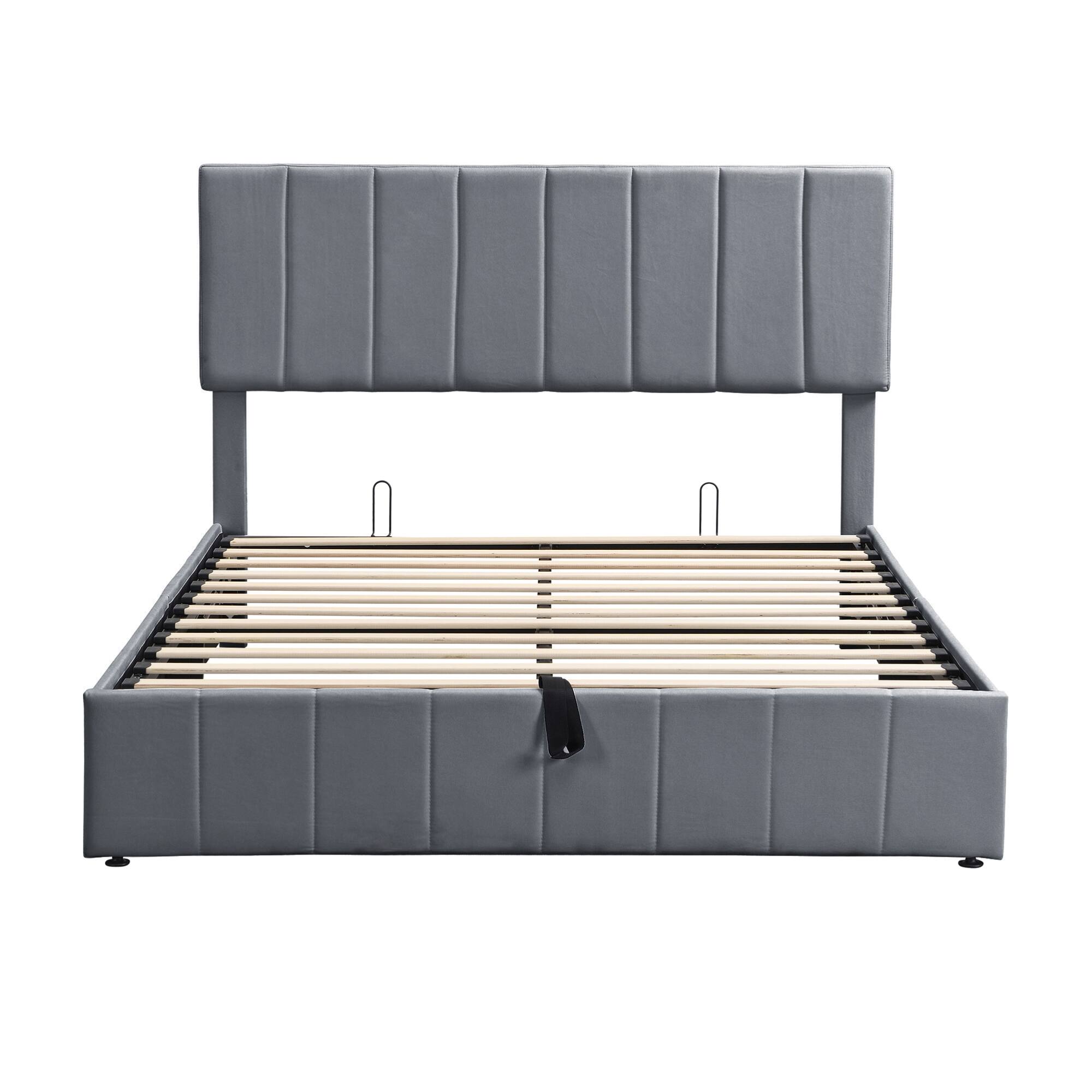 Back. GOODSILO - Queen Size Upholstered Platform Bed with Hydraulic Storage System - Gray.