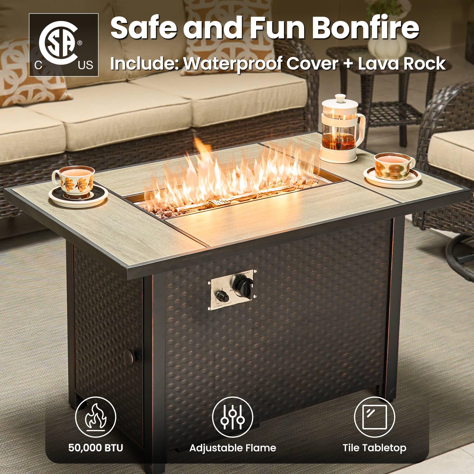 Safe and Fun Bonfire  
Include: Waterproof Cover + Lava Rock  

50,000 BTU  
Adjustable Flame  
Tile Tabletop