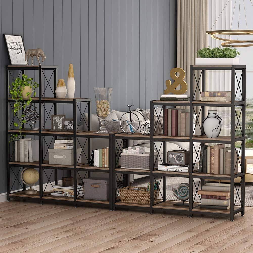 Tribesigns Industrial Bookshelf with Storage Shelves, Wood Grain Finish ...