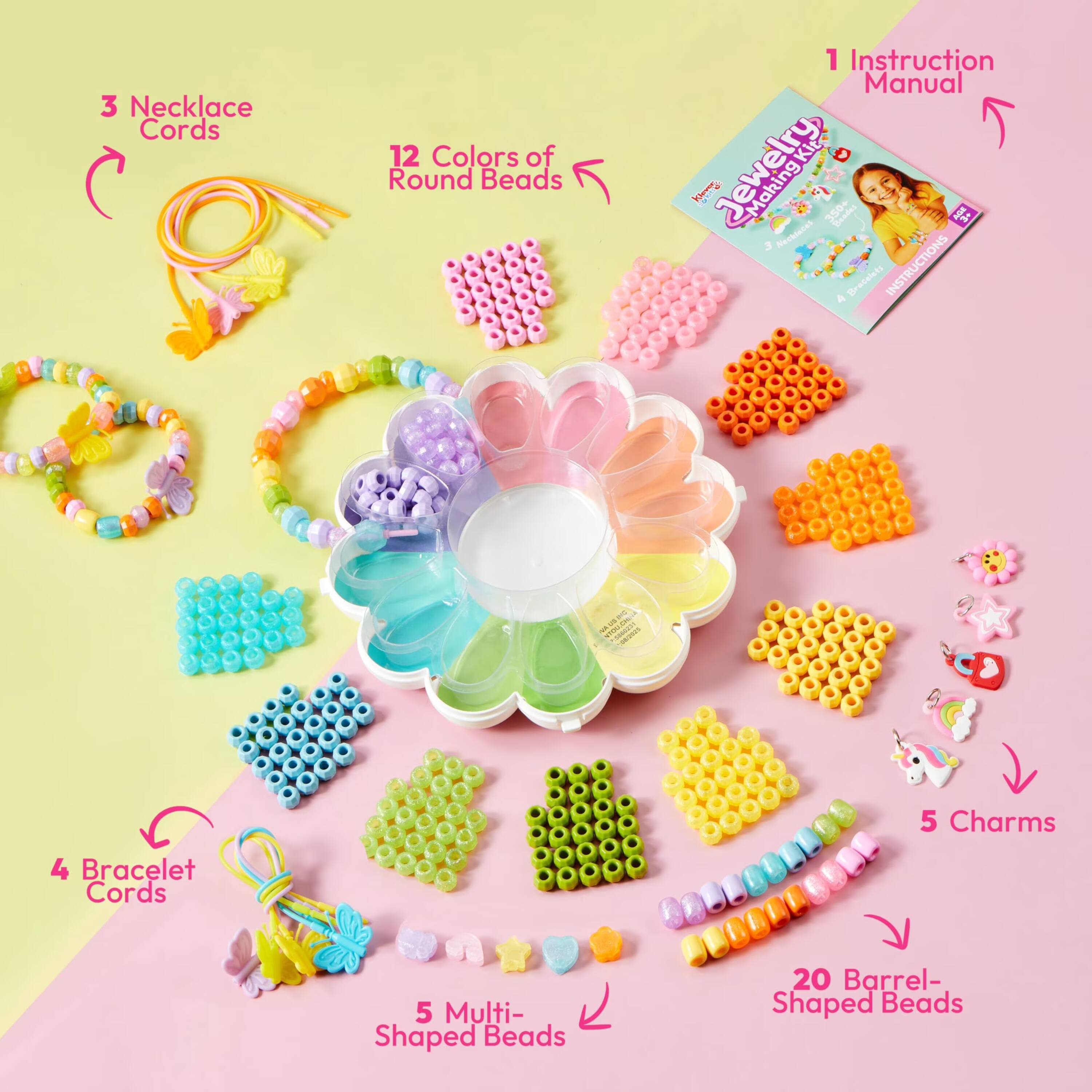 3 Necklace Cords  
12 Colors of Round Beads  
1 Instruction Manual  
Jewelry Making Kit Kloong  
3+ Necklaces & Bracelets  
INSTRUCTIONS  
5 Charms  
4 Bracelet Cords  
5 Multi-Shaped Beads  
20 Barrel-Shaped Beads