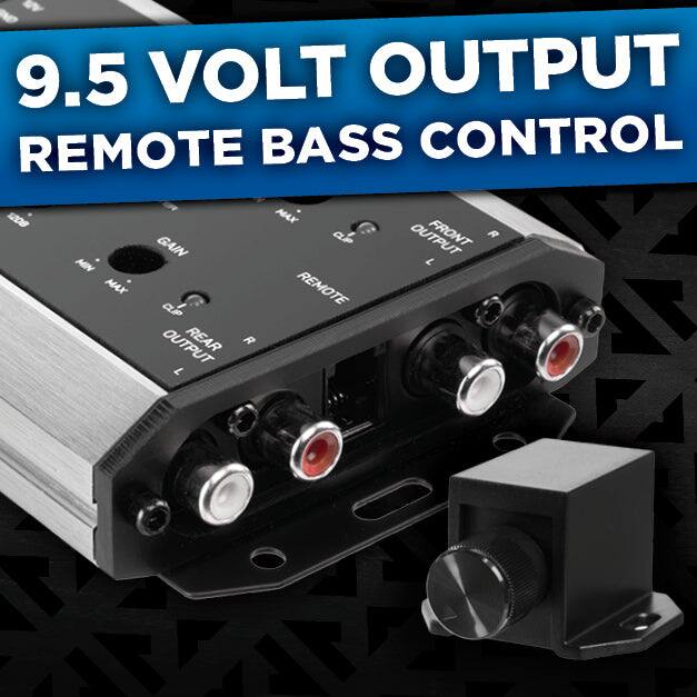 9.5 VOLT OUTPUT REMOTE BASS CONTROL

1208 MAX GAIN

FRONT R MIN L MAX REMOTE CLiP REAR R L