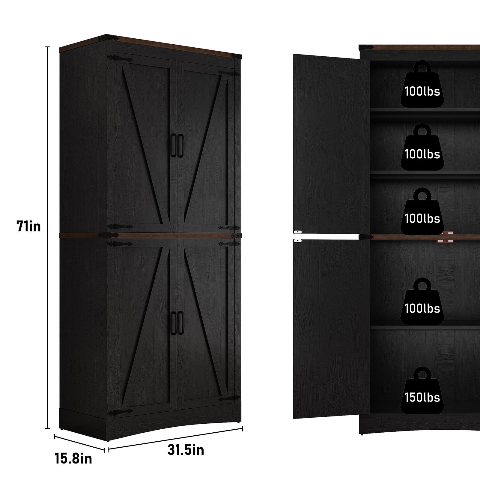 100lbs  
71in  
15.8in  
31.5in  
150lbs
