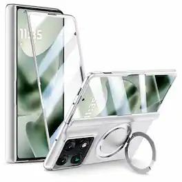 Dteck - For Moto Razr Fold (2026) Hinge Protection Magnetic Ring Stand Foldable Shockproof Rugged Case Built-in Screen Protector - Silver(HD Clear Film)