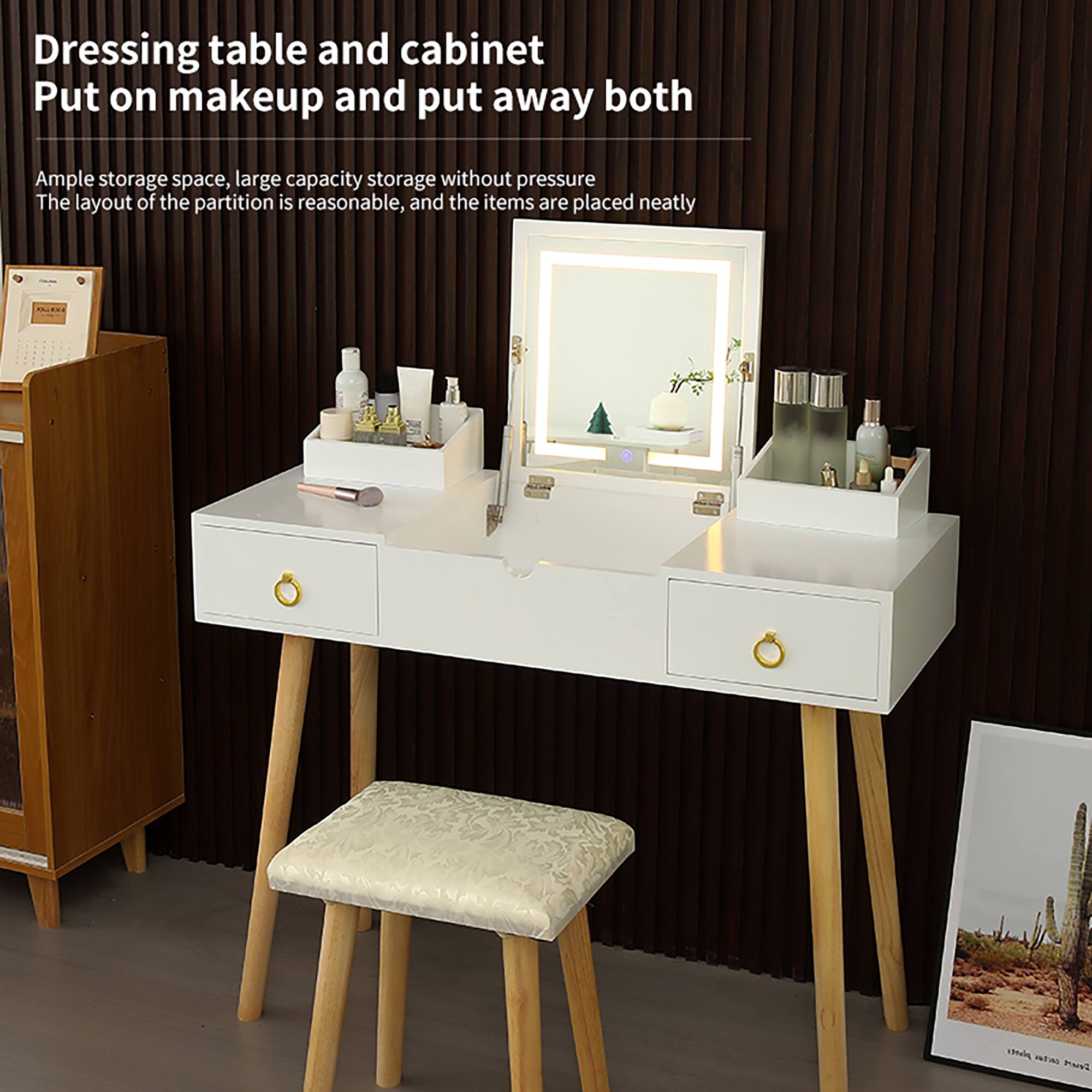 Dressing table and cabinet  
Put on makeup and put away both  

Ample storage space, large capacity storage without pressure  
The layout of the partition is reasonable, and the items are placed neatly