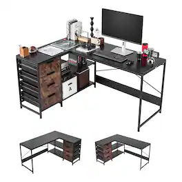 VEVOR - L-Shaped Computer Desk, 59-inch Reversible Corner Gaming Desk with Drawers & Storage Shelves, Modern Stylish PC Table - Black,Brown