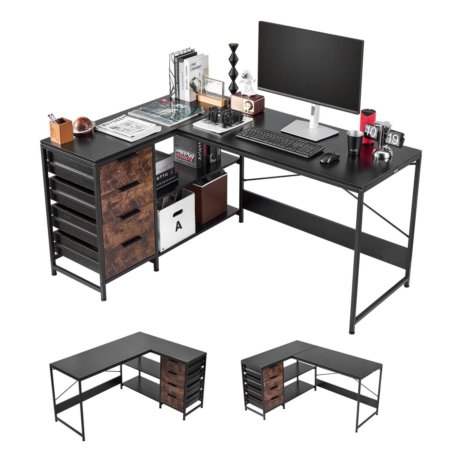 VEVOR - L-Shaped Computer Desk, 59-inch Reversible Corner Gaming Desk with Drawers & Storage Shelves, Modern Stylish PC Table - Black,Brown