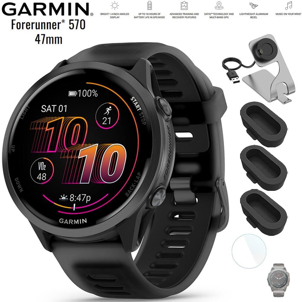 GARMIN  
Forerunner 570  
47mm  

- BRIGHT 1.4" AMOLED DISPLAY  
- UP TO 18 HOURS OF BATTERY LIFE  
- ADVANCED TRAINING AND RECOVERY FEATURES  
- SATELLITE TECHNOLOGY AND MULTI-BAND GPS  
- LIGHTWEIGHT ALUMINUM BEZEL  
- MUSIC ON YOUR WRIST  

SAT 01  
10:10  
21  
100%  
VO2 48  
8:47p  
GARMIN  

START STOP  
UP  
DOWN  
BACK LAP