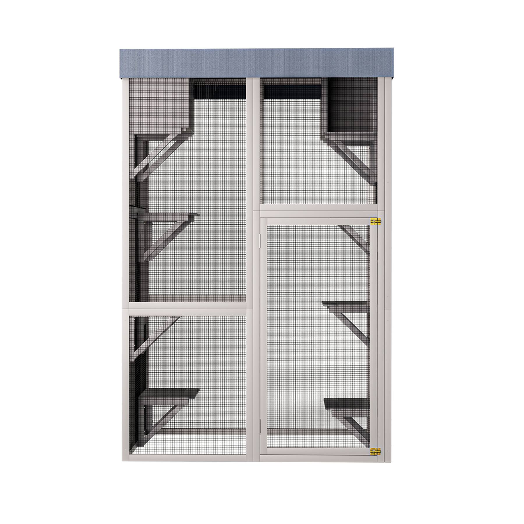 Left. Siljoy - 70.5" Tall Gray Catio with Removable Tarp, 6 Platforms & 2 Napping Houses, Outdoor Cat Enclosure.