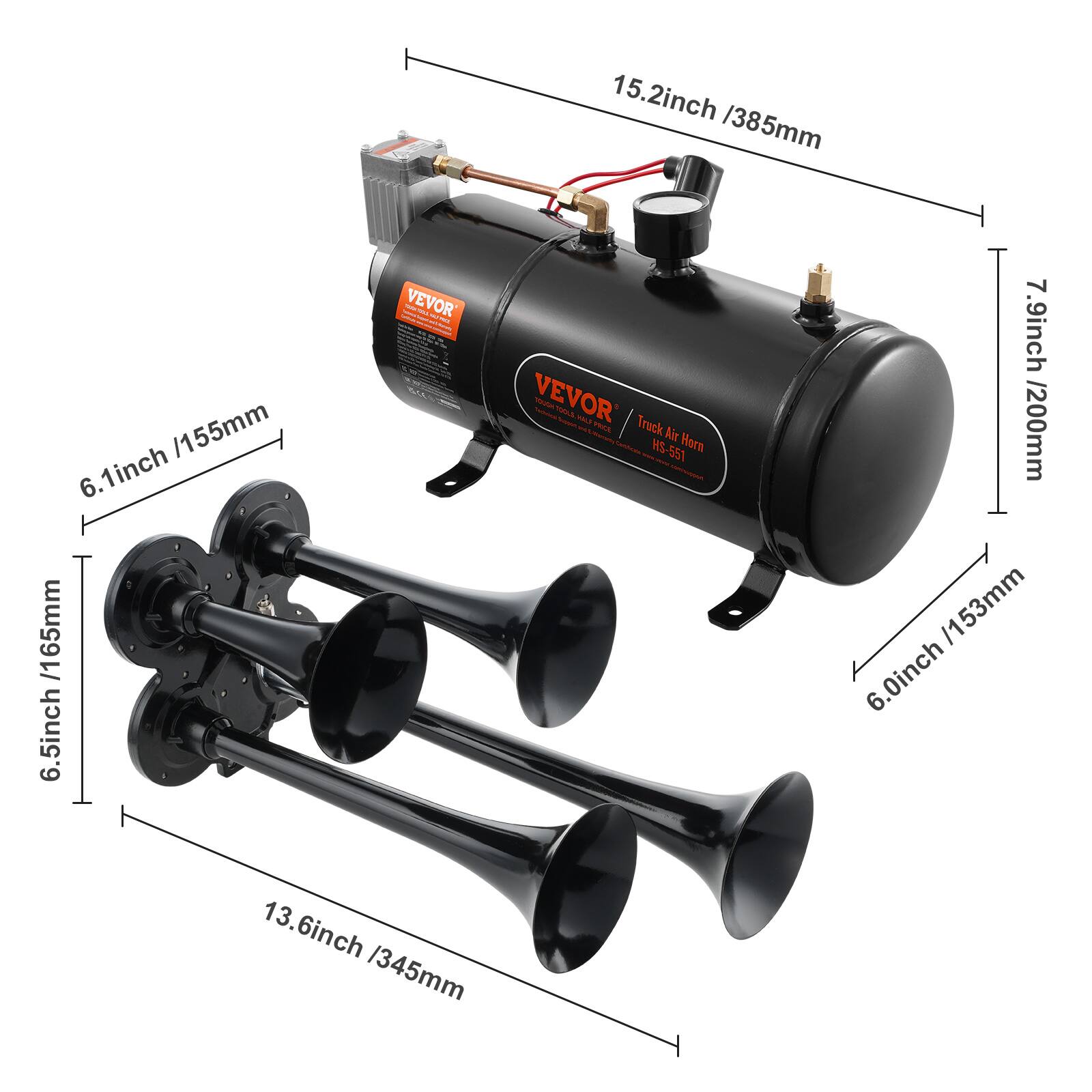 15.2inch /385mm  
6.5inch /155mm  
6.1inch /155mm  
7.9inch /200mm /153mm  
13.6inch /345mm