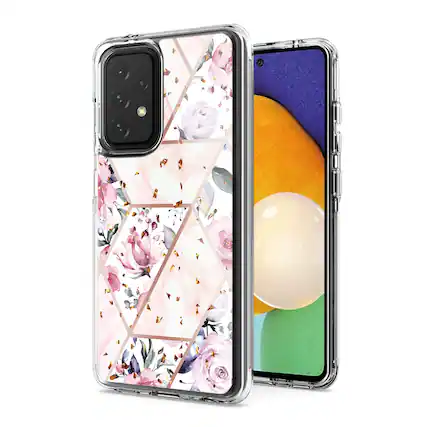 Front. Reiko - Flower Design Dual Layer Hybrid Hard Plastic & Soft TPU Case Cover for Samsung Galaxy A52 5G Pink Base - Multicolor.