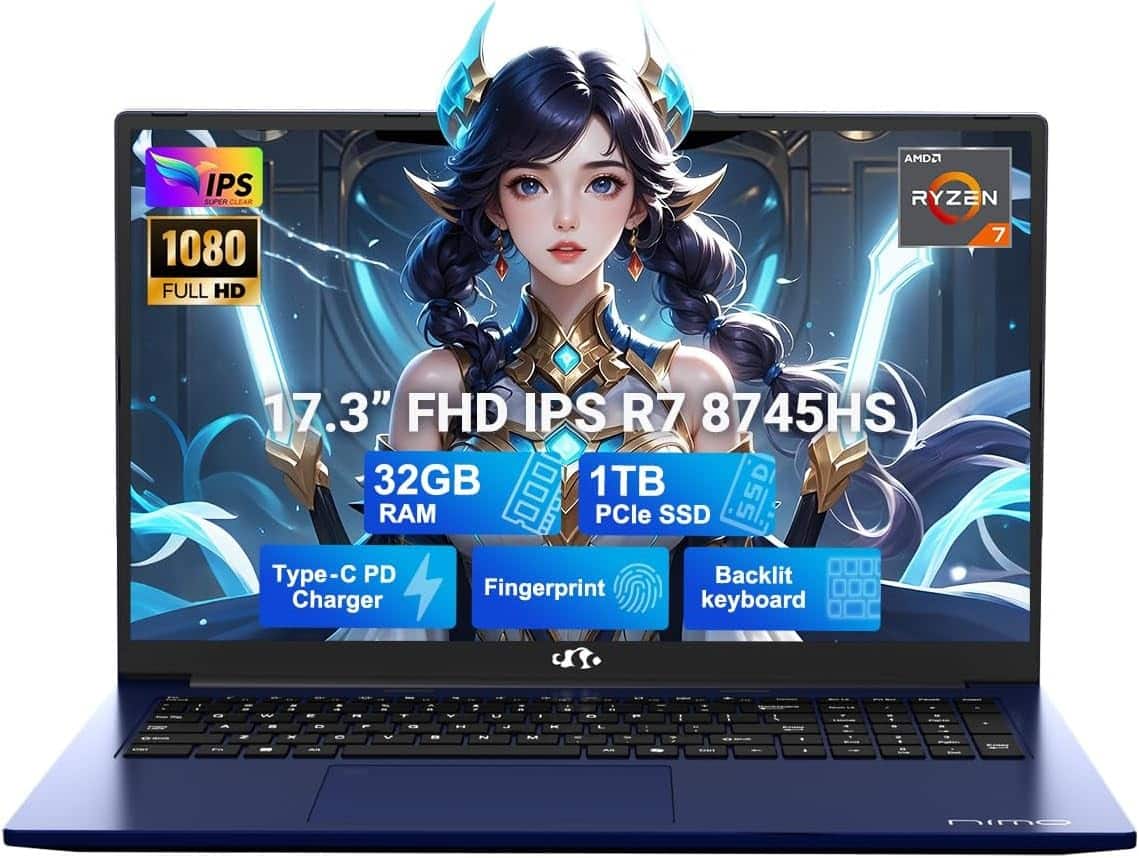 NIMO - 17.3" IPS FHD-Gaming-Laptop, AMD Ryzen 7 8745HS 32GB DDR5 RAM 1TB SSD 4.9GHz Radeon 780M Graphics 100W USB-C 4.0 - Blue