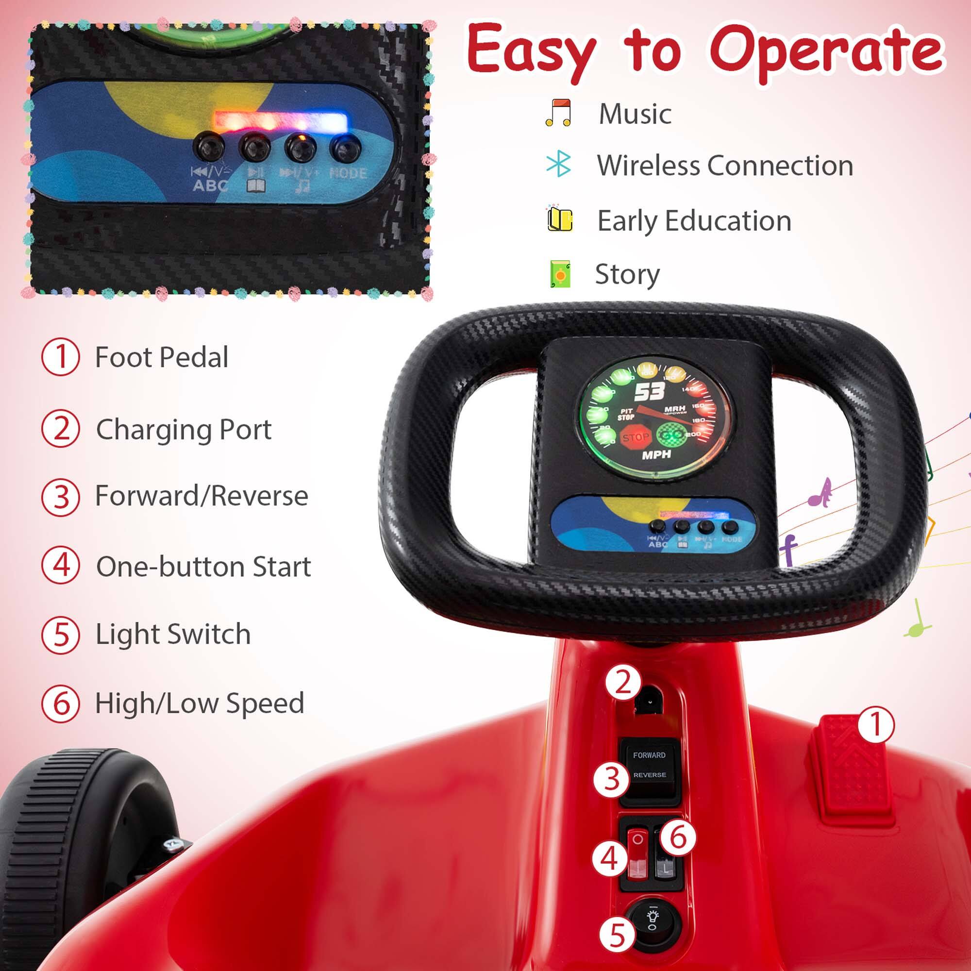 Easy to Operate Music  
KIVS ABC  
MODE  
Wireless Connection Early Education Story  
1 Foot Pedal 2 Charging Port  
53 PIT MRH STOP 190 200 STOP MPH  
3 Forward/Reverse  
4 One-button Start  
46/V- ABC  
Here FODE Il  
5 Light Switch 6 High/Low Speed  
2 FORWARD 3 REVERSE  
1  
4  
0  
6  
5