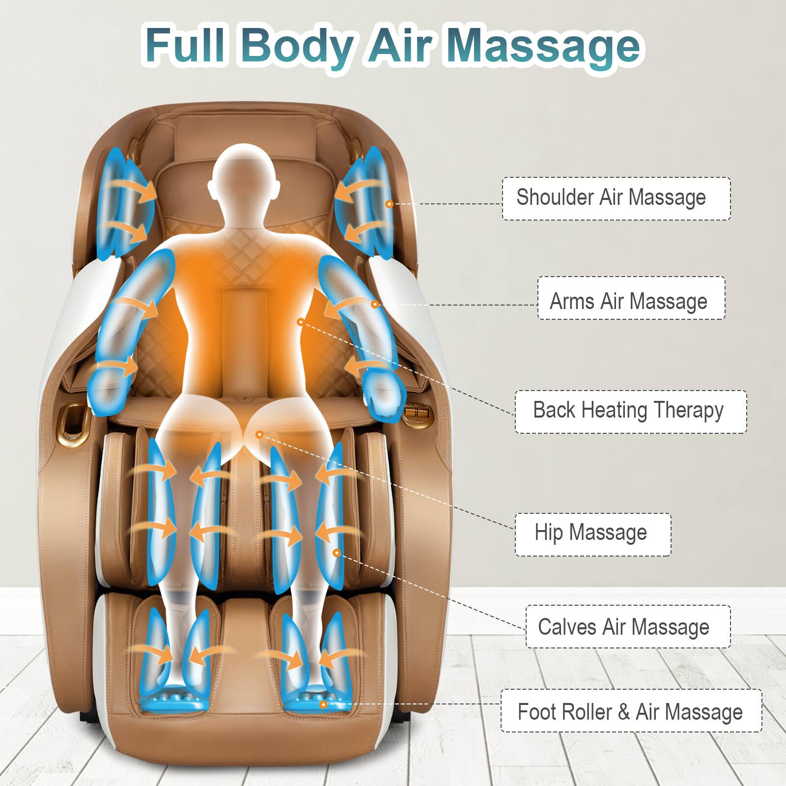 Full Body Air Massage

- Shoulder Air Massage
- Arms Air Massage
- Back Heating Therapy
- Hip Massage
- Calves Air Massage
- Foot Roller & Air Massage