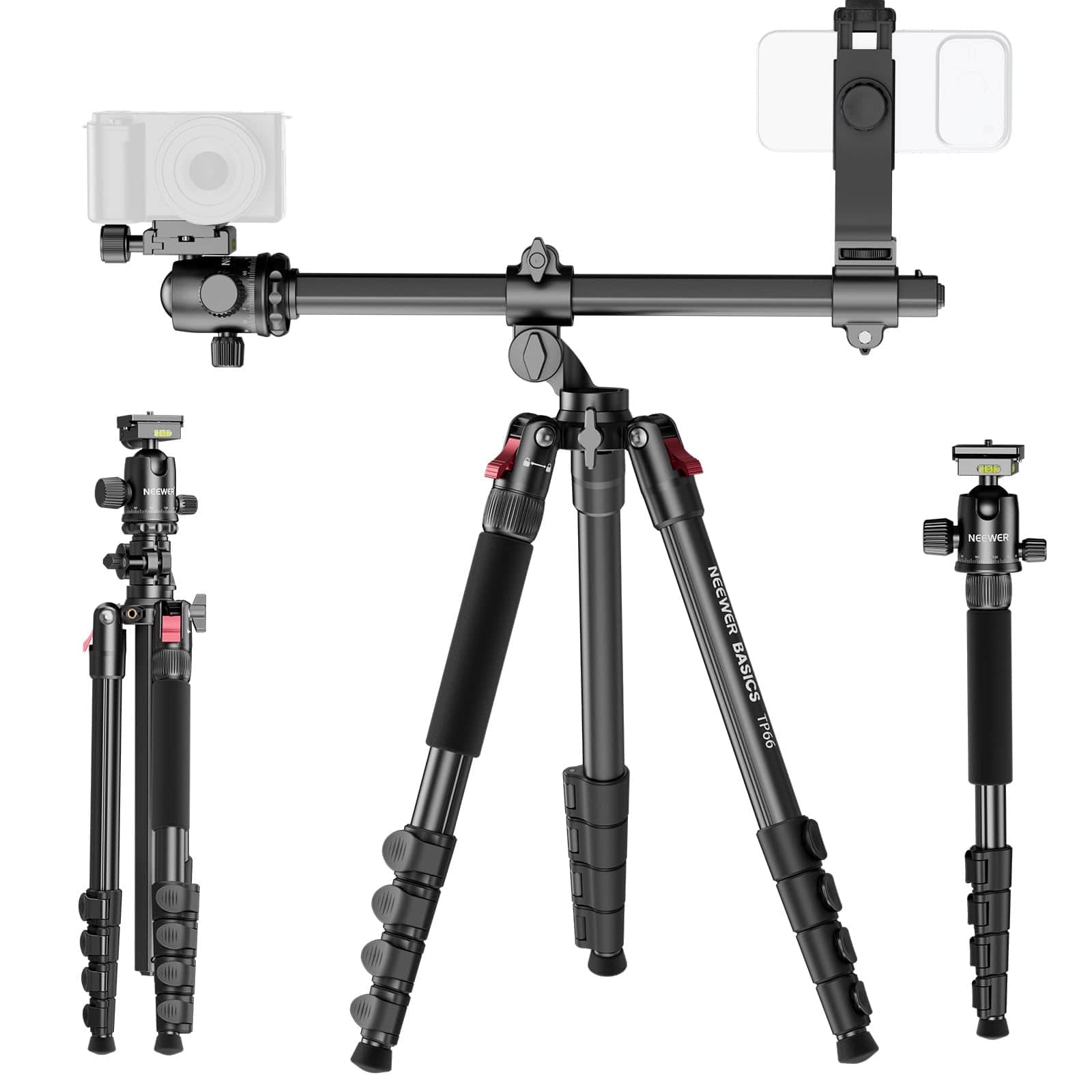 Neewer - 64.5" Horizontal Tripod/Monopod for Dual Camera, 22lb Load, TP66