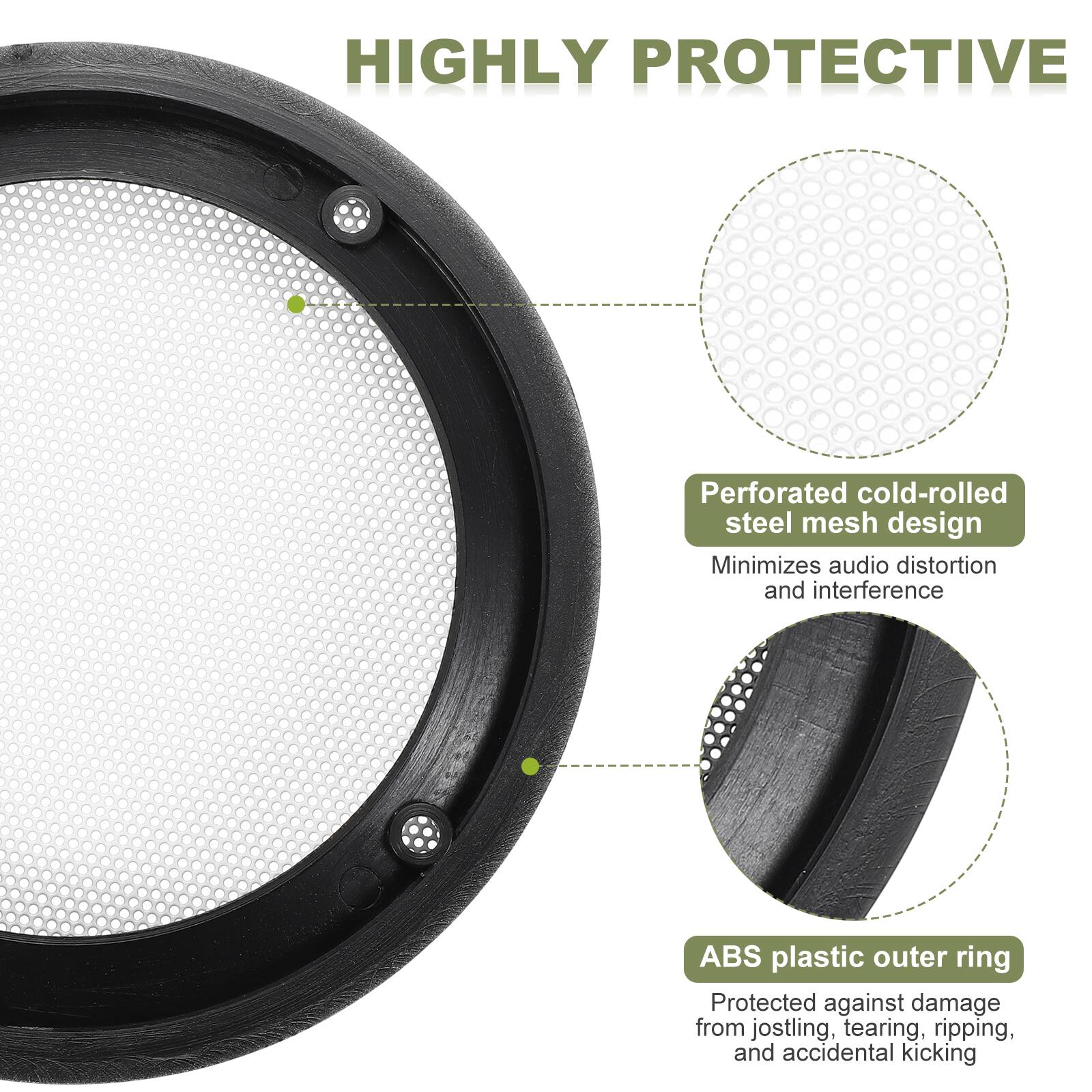 HIGHLY PROTECTIVE

- Perforated cold-rolled steel mesh design
  - Minimizes audio distortion and interference

- ABS plastic outer ring
  - Protected against damage from jostling, tearing, ripping, and accidental kicking