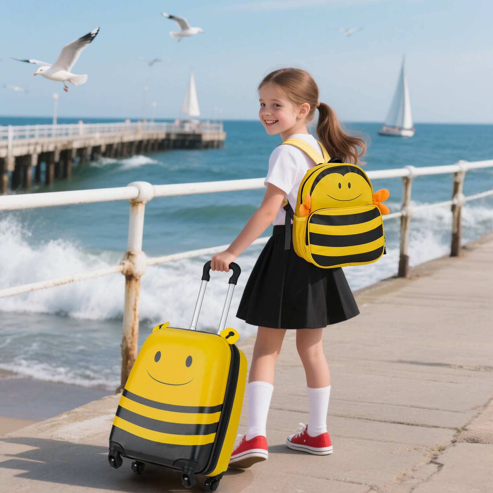 Alt View 4. Costway - Costway 2-Piece Kid's Luggage Set with Cute Bee Backpack & 18" Rolling Suitcase Name Card - Yellow.