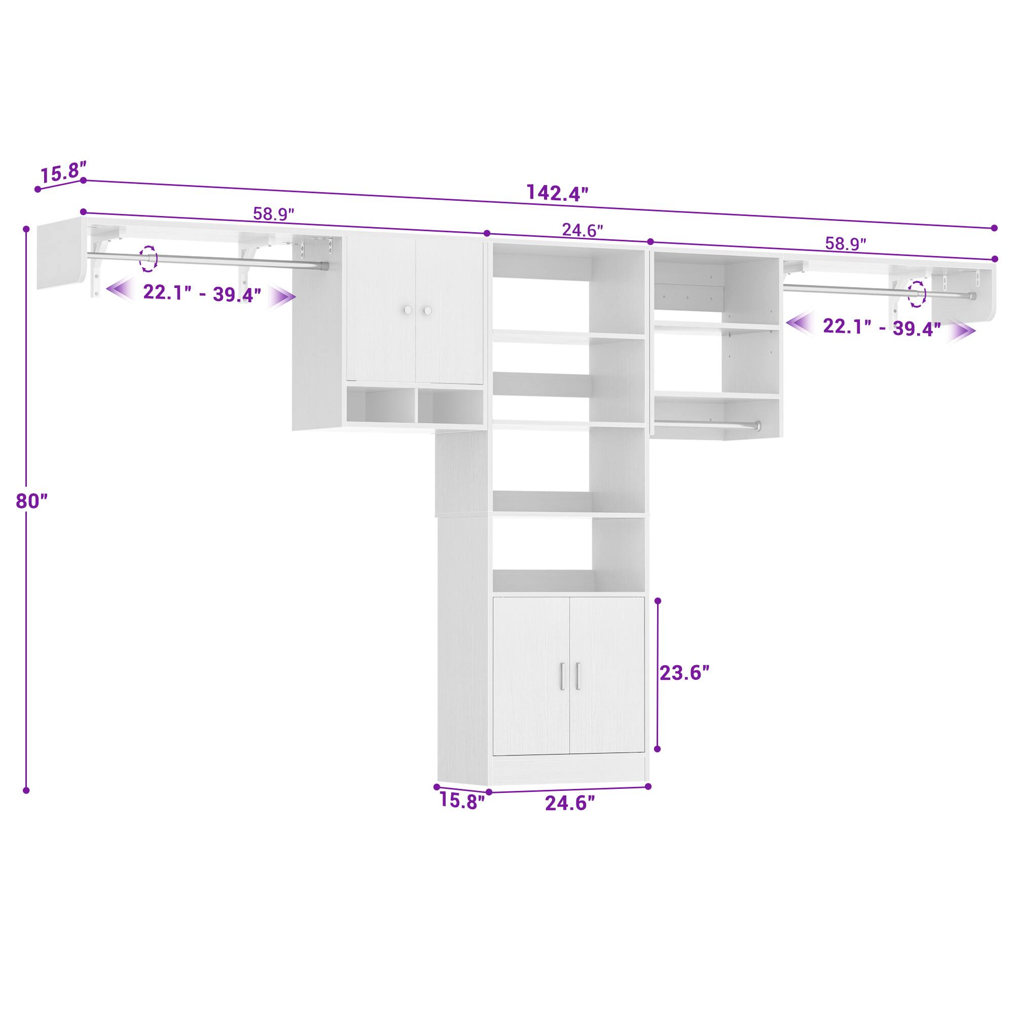 15.8"  
58.9"  
142.4"  
24.6"  
58.9"  
22.1" - 39.4"  
80"  
23.6"  
15.8"  
24.6"