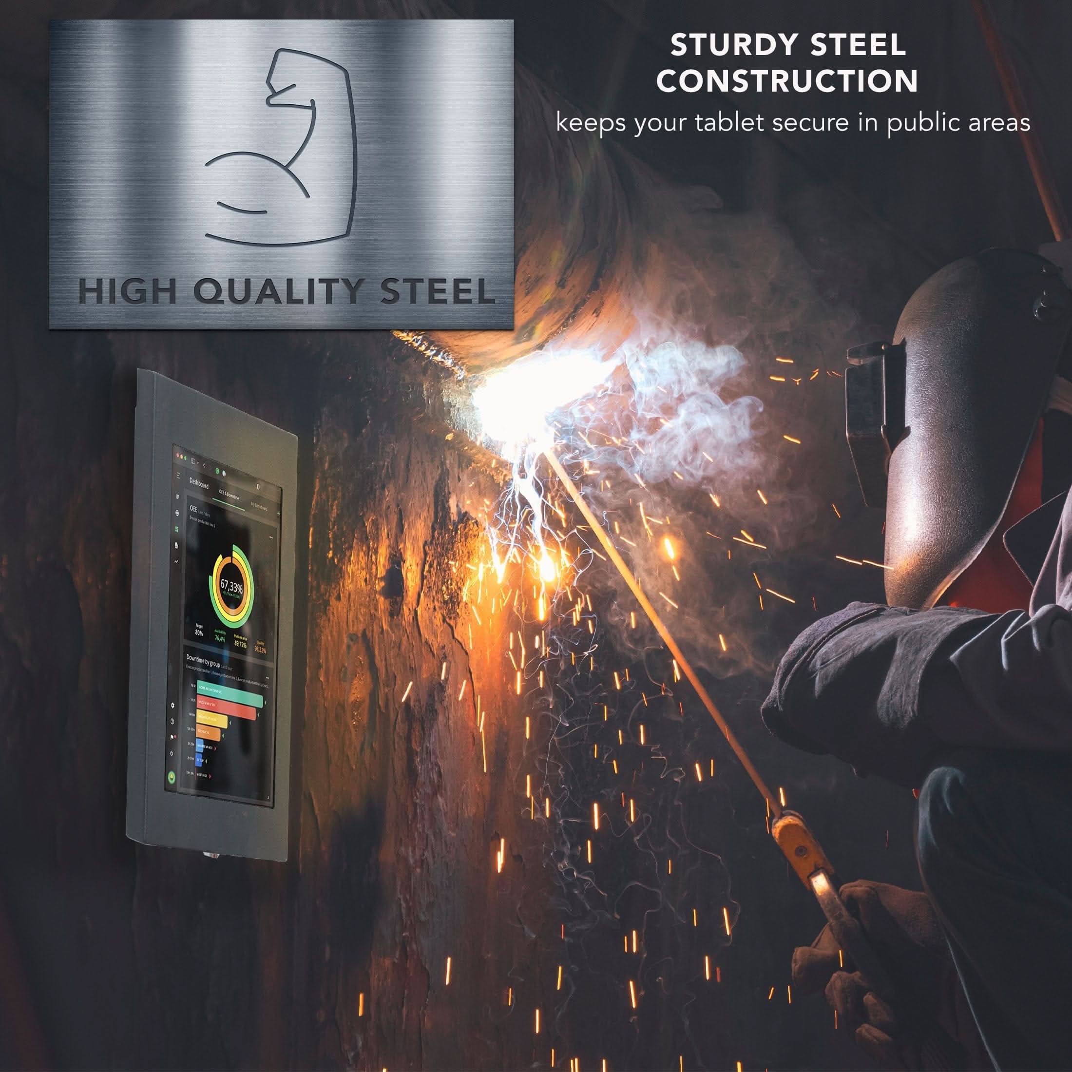 STURDY STEEL CONSTRUCTION keeps your tablet secure in public areas  
HIGH QUALITY STEEL
