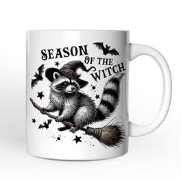 OrnamentallyYou - Funny Racoon Witch with Broom Mug, Vintage Halloween Gift - White