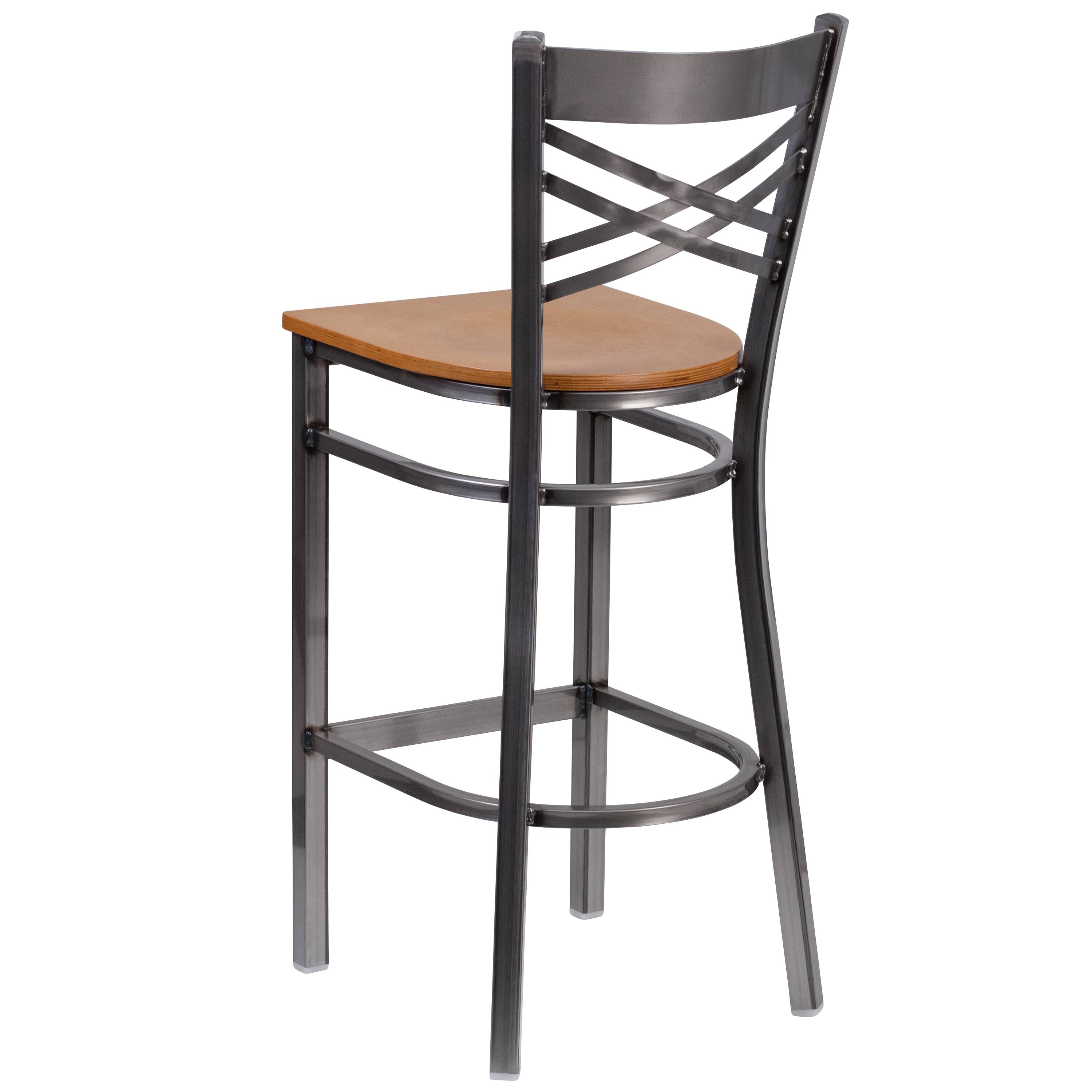 Alt View 3. Emma + Oliver - Clear Coated "X" Back Metal Restaurant Dining Barstool - Natural Wood Seat/Clear Coated Metal Frame.