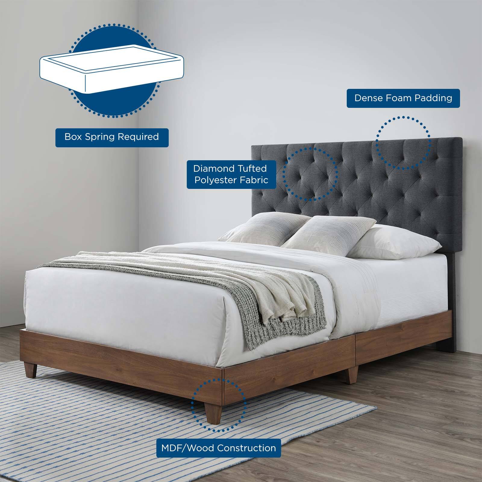 - Box Spring Required
- Dense Foam Padding
- Diamond Tufted Polyester Fabric
- MDF/Wood Construction