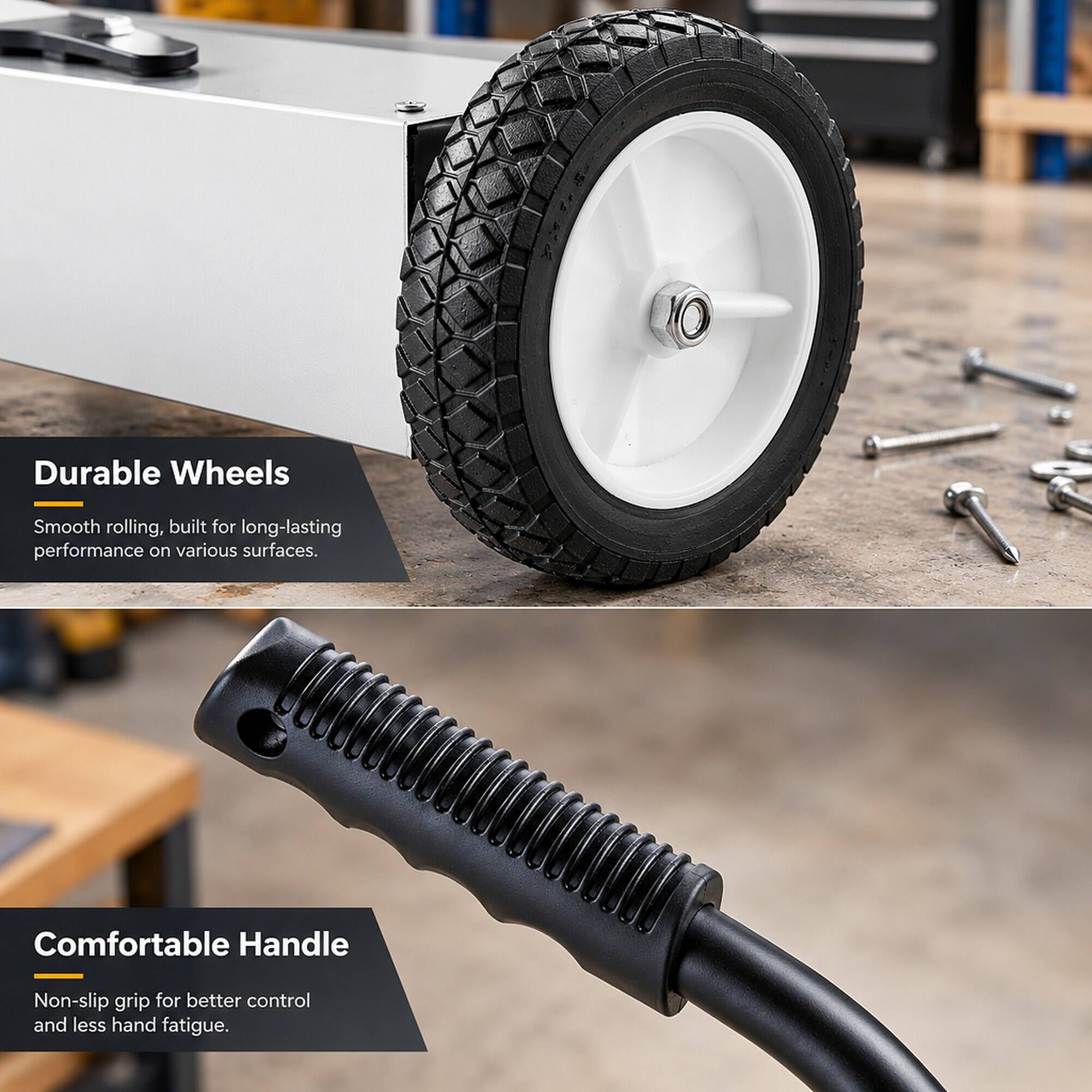Durable Wheels
Smooth rolling, built for long-lasting performance on various surfaces.

Comfortable Handle
Non-slip grip for better control and less hand fatigue.