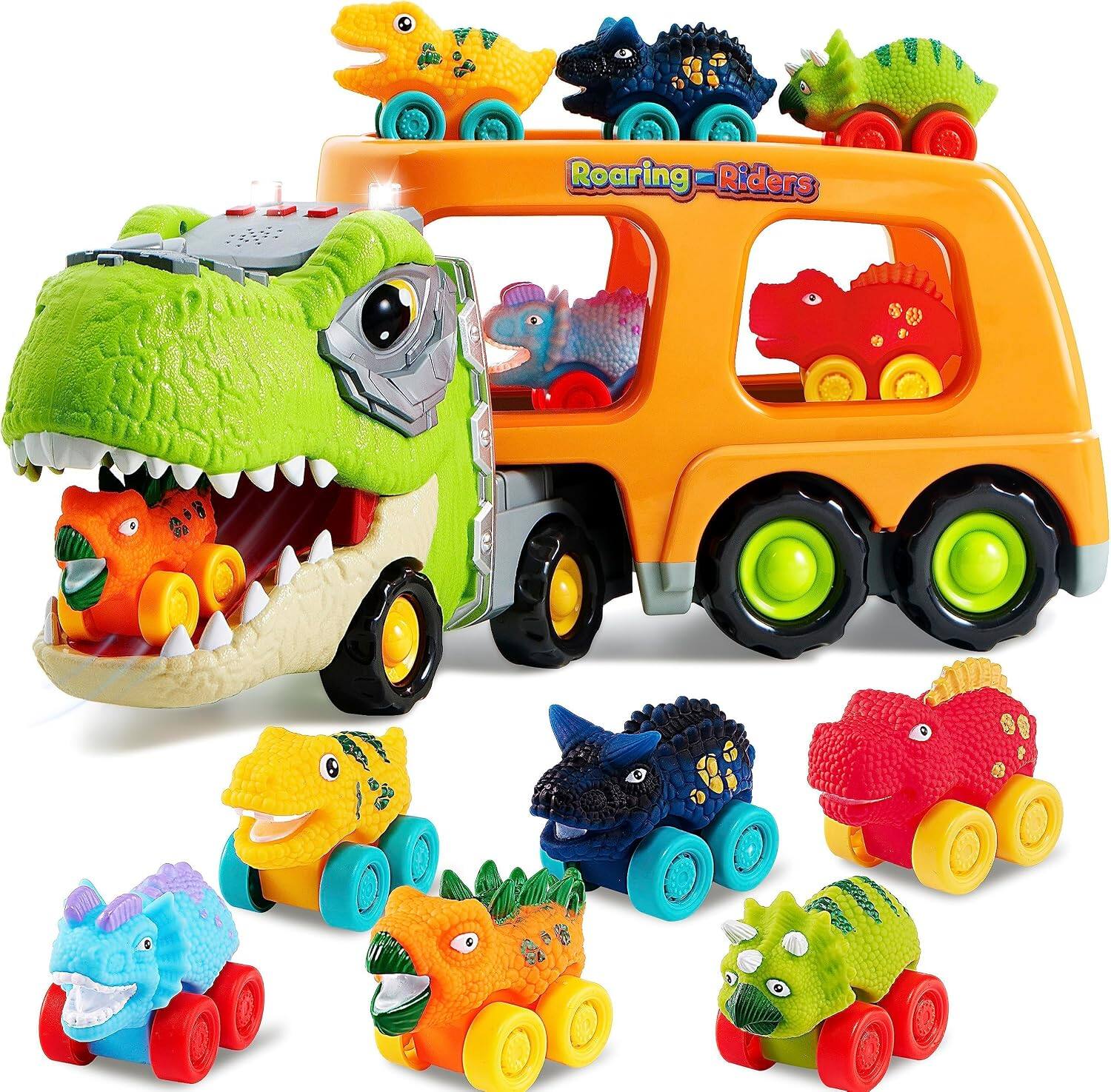 Front. Joyfy - Dinosaur Truck Toys with Music & Lights for Kids 2-4, Carrier Truck Toys, Christmas Birthday Gifts for Toddler Boy 2-6.
