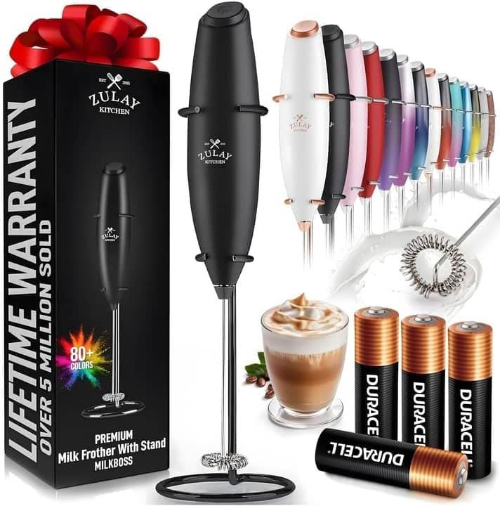 Zulay Kitchen - Powerful Milk Frother Wand With 4 AA Duracell Batteries - Ultra Fast Handheld Drink Mixer - Black