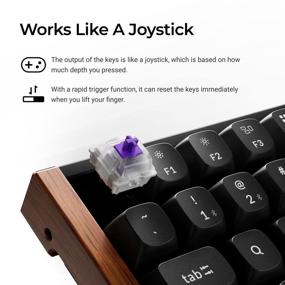Works Like A Joystick

The output of the keys is like a joystick, which is based on how much depth you pressed.

With a rapid trigger function, it can reset the keys immediately when you lift your finger.