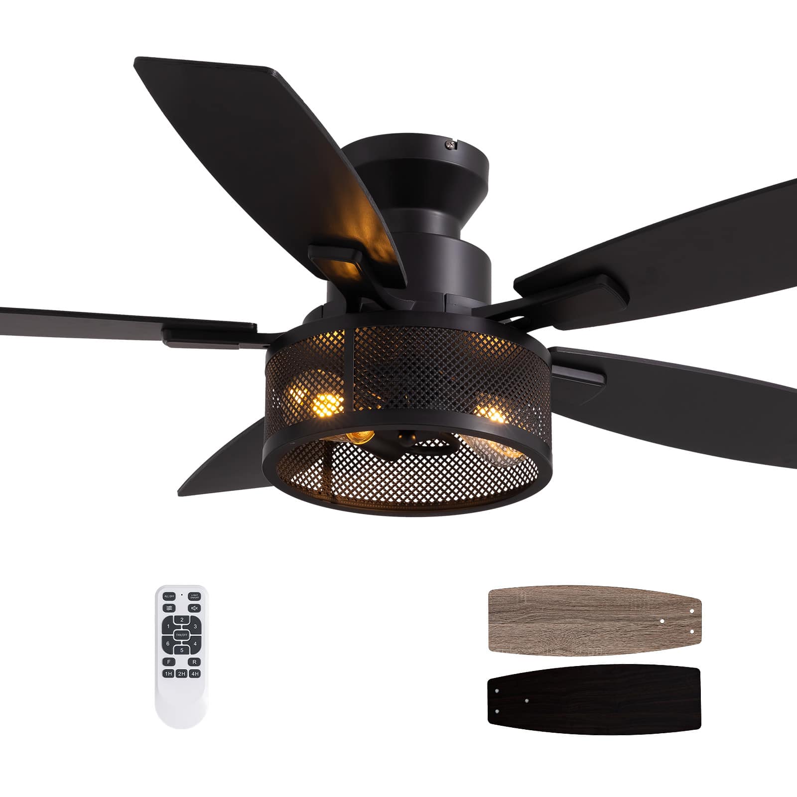 Front. Siljoy - 46 Inch Farmhouse Flush Mount Black Caged Ceiling Fans with Lights and Remote for Living Room Patio Indoor and Outdoor - Black.