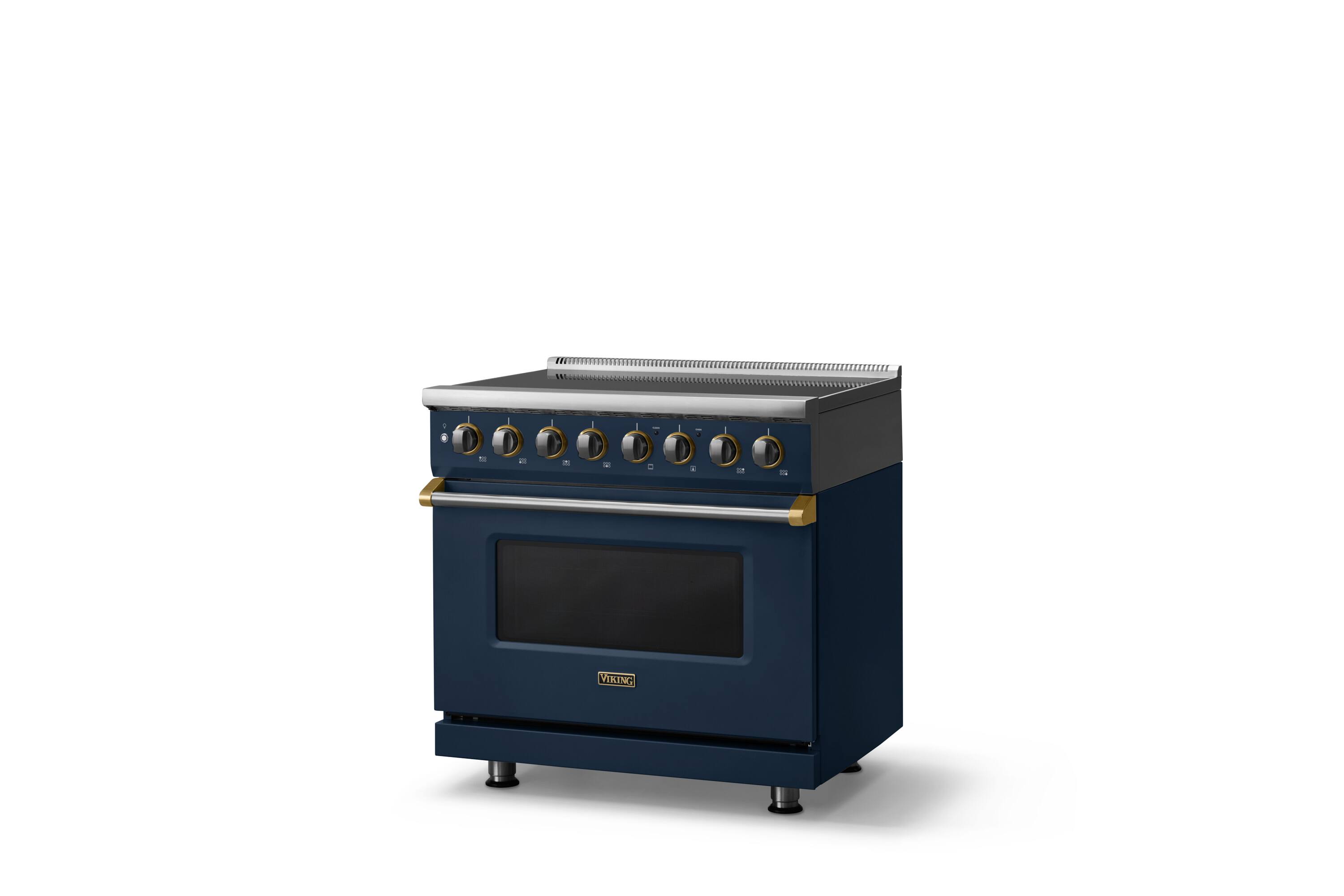 Angle. Viking - 36 in. Wide 6 Elements Pro 5 Series 5.6 Cu.Ft. Freestanding Induction Convection Range  with Brushed Brass Trim - Slate Blue.