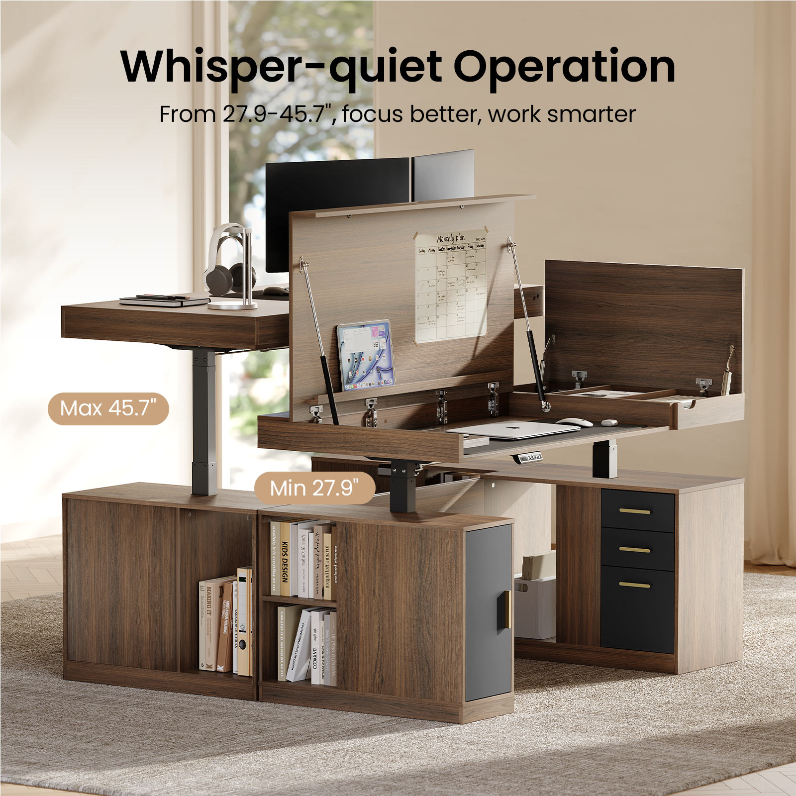 Whisper-quiet Operation  
From 27.9-45.7", focus better, work smarter  
Hook: d - - - -  
Max 45.7"  
Min 27.9"  
C MAKIO = E - ! | i | KIDS DESIGN | | - i 1 i I | i I i i CUAM ! ! : I |
