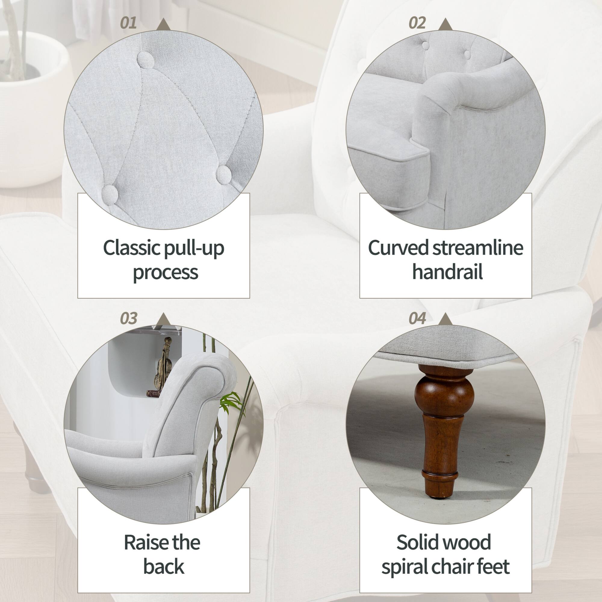 01 Classic pull-up process  
02 Curved streamline handrail  
03 Raise the back  
04 Solid wood spiral chair feet