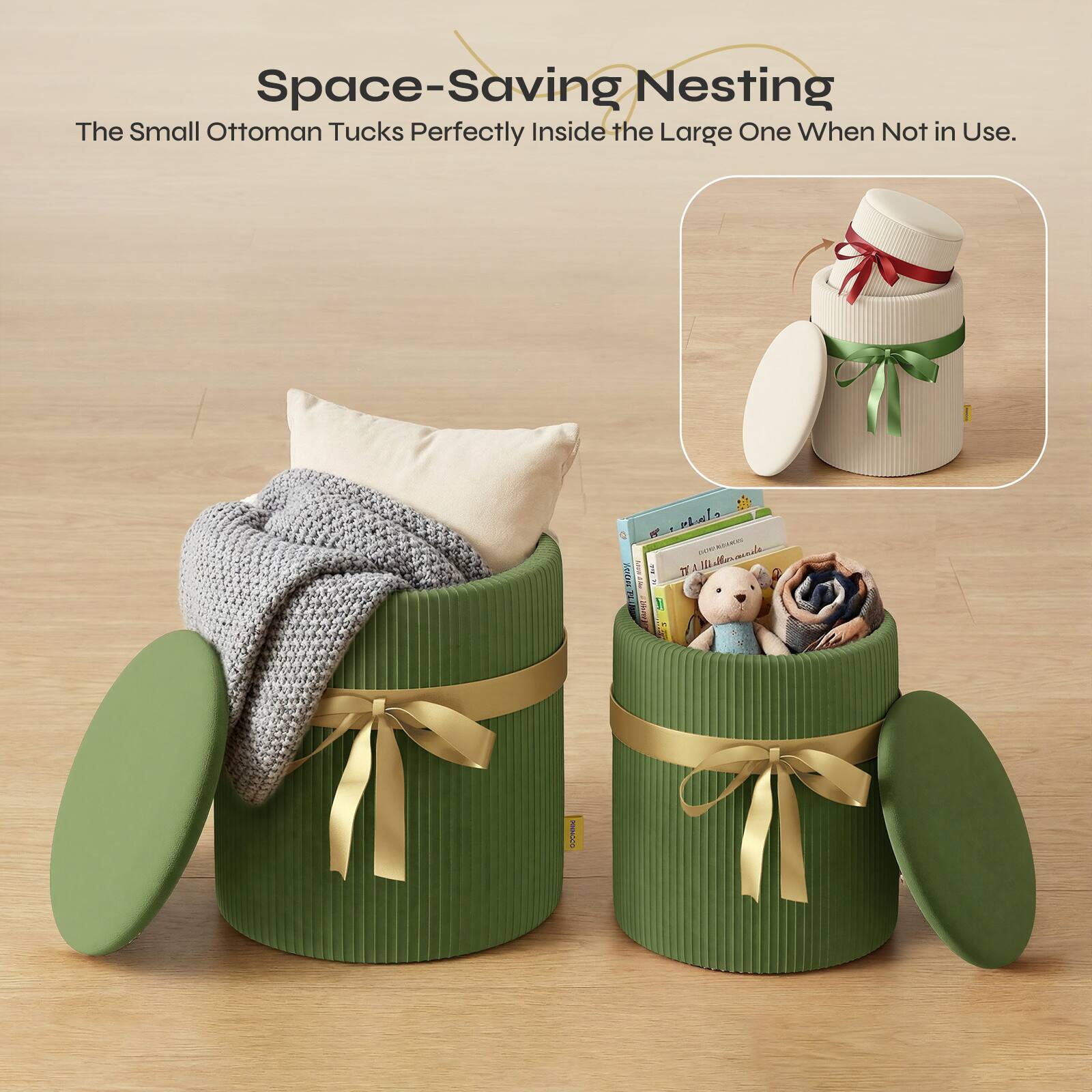 Space-Saving Nesting  
The Small Ottoman Tucks Perfectly Inside the Large One When Not in Use.