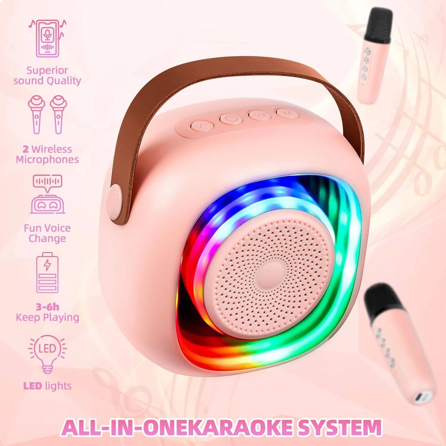 Superior sound Quality  
2 Wireless Microphones  
Fun Voice Change  
3-6h Keep Playing  
LED lights  

ALL-IN-ONE KARAOKE SYSTEM