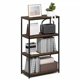 Furinno - SIMPLISTIC Book Shelf, 4-Tier Tall Wide Bookshelf, Metal Frame Bookcases, Metal Storage Shelves, 11.8 x 23.6 x 38.6 - Amber Pine